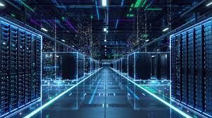 Futuristic server room with glowing blue racks and a central illuminated corridor