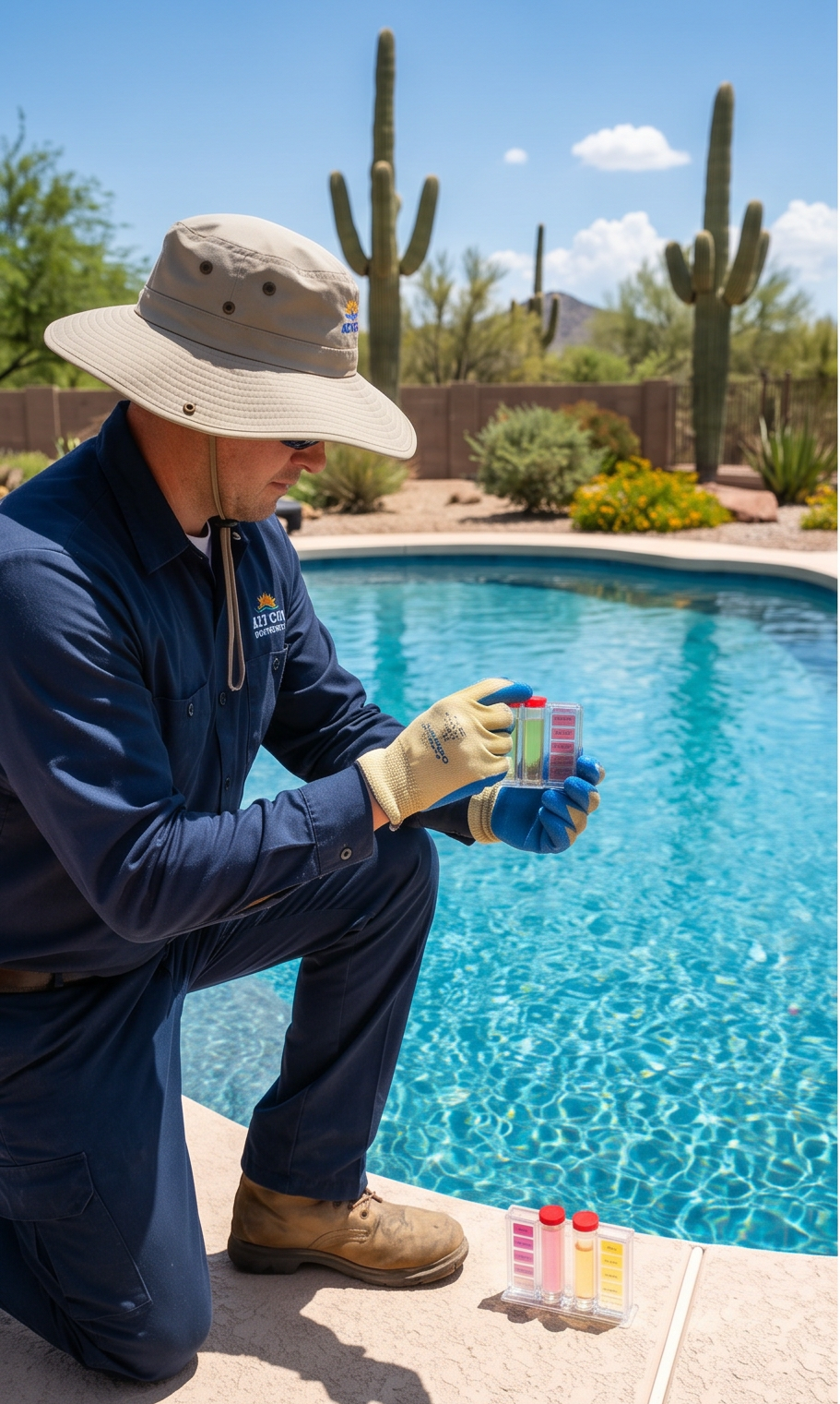 Person kneeling by a pool, testing colorful water samples in a desert backyard with cacti.