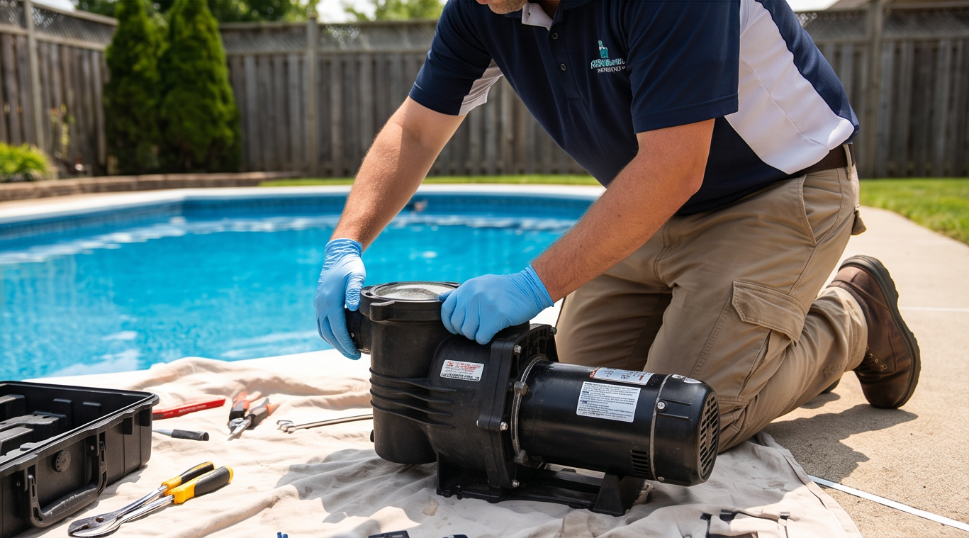 Technician kneeling by a pool, repairing a black pool pump with tools nearby.
