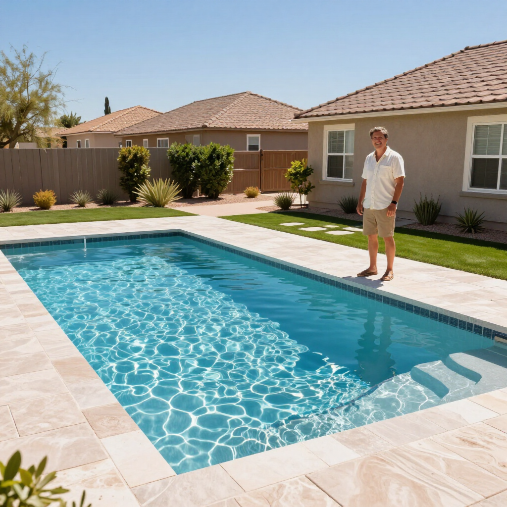 Backyard swimming pool with a person standing on the patio beside it under a clear blue sky