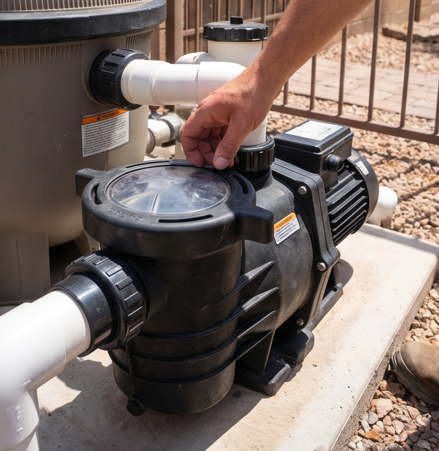 Hand adjusting a pool pump valve beside a backyard pool filtration system