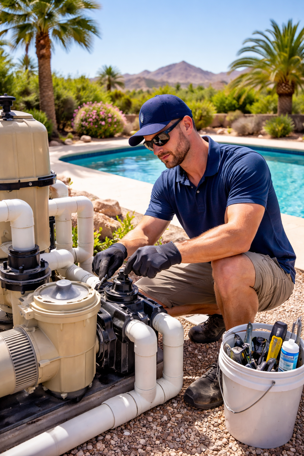 Technician servicing pool equipment beside a backyard swimming pool, with tools and desert landscape behind.