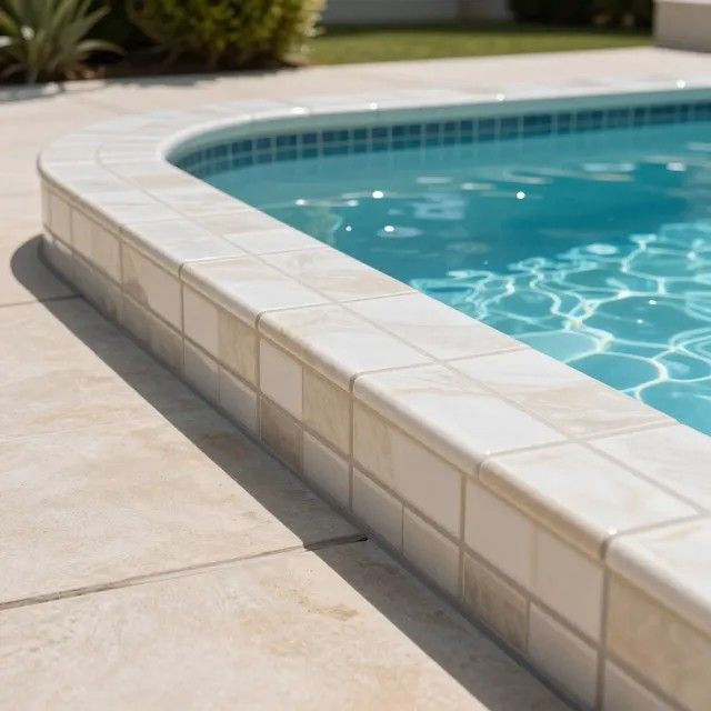 Corner of a swimming pool with blue water, white tile coping, and beige patio decking.