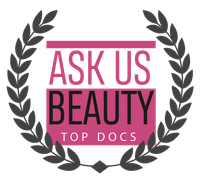 Ask Us Beauty Top Docs pink and black logo badge