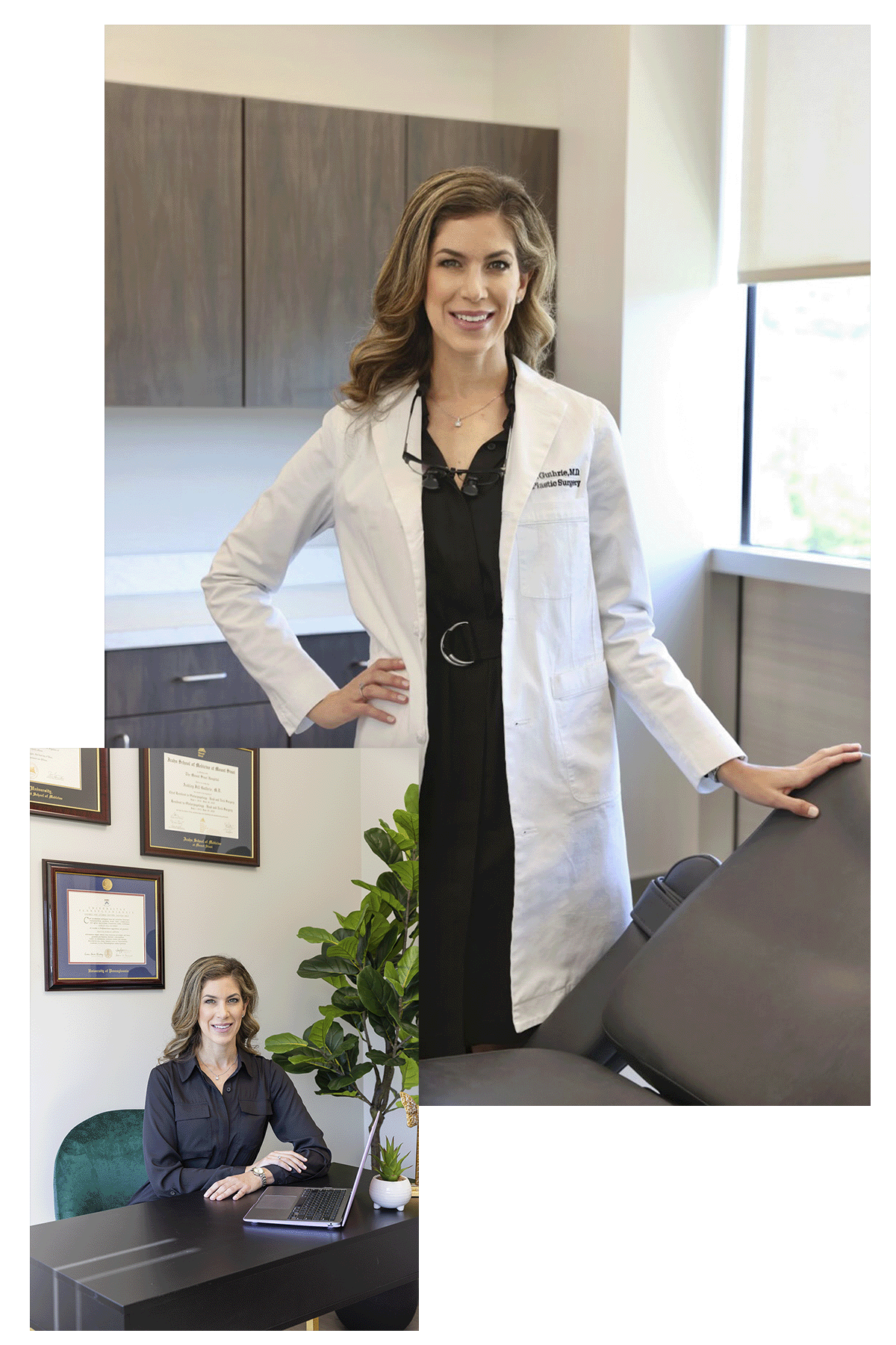 two overlapping pictures of Dr. Ashley Guthrie posing in her office and in an exam room
