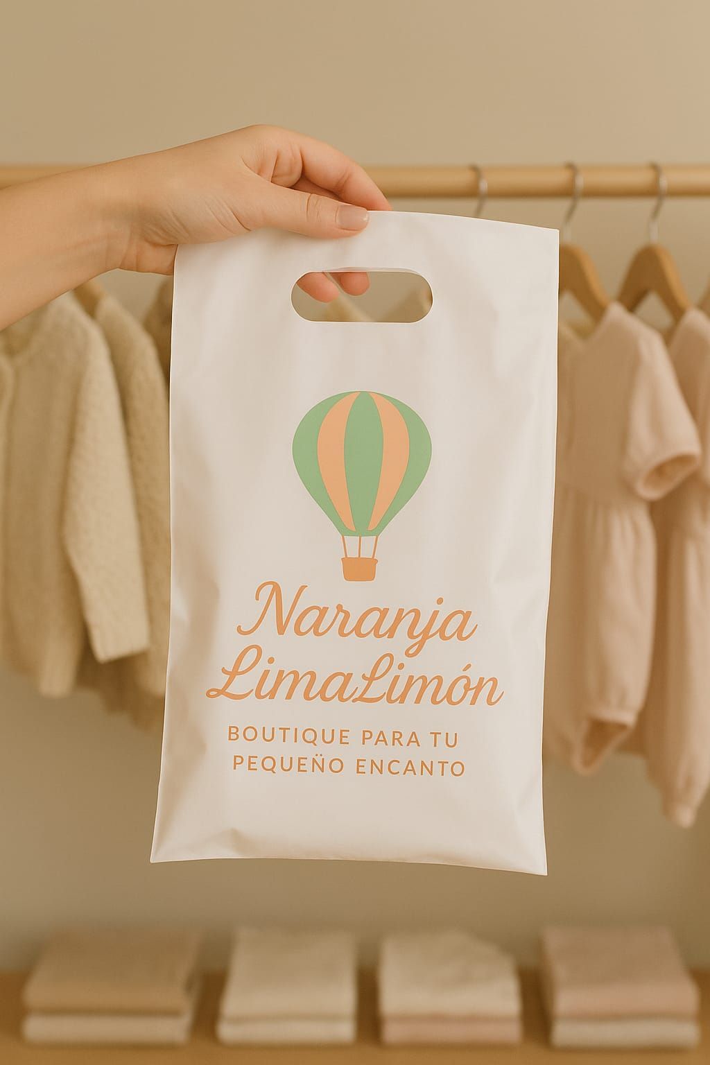 Mano sosteniendo una bolsa de compras blanca con el logo de un globo aerostático, delante de ropa infantil en una boutique.