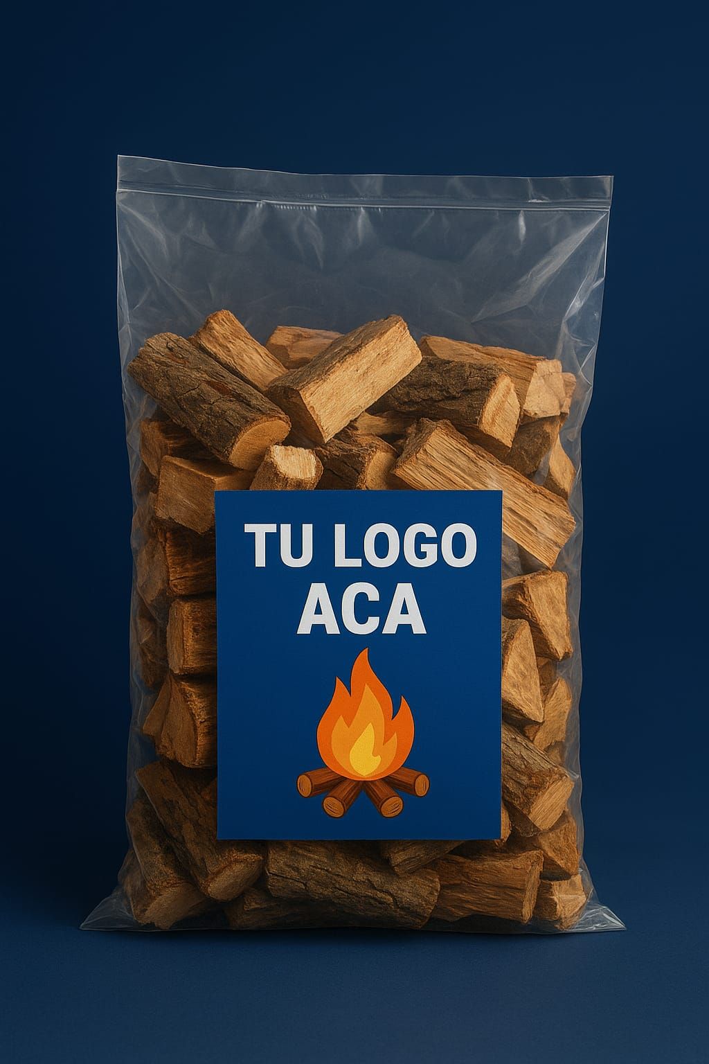Bolsa de leña con etiqueta azul que dice