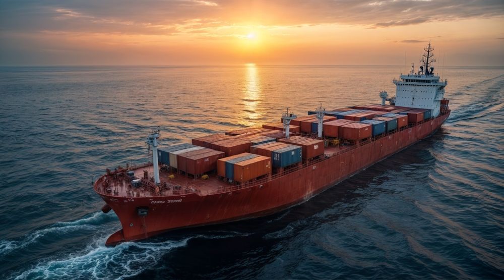 Cargo ship sailing on a blue ocean at sunset, carrying containers, red hull.