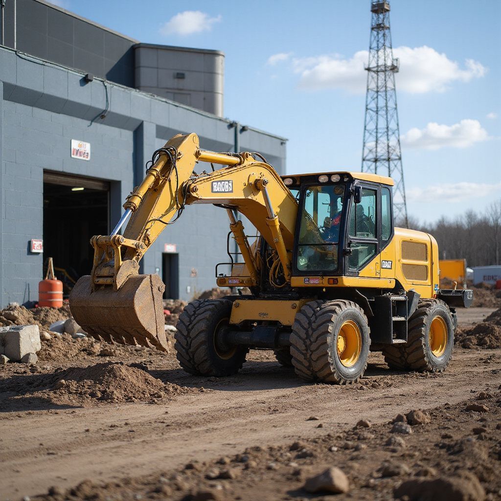 Escavatore giallo in un cantiere con edificio e torre sullo sfondo, giornata di sole.