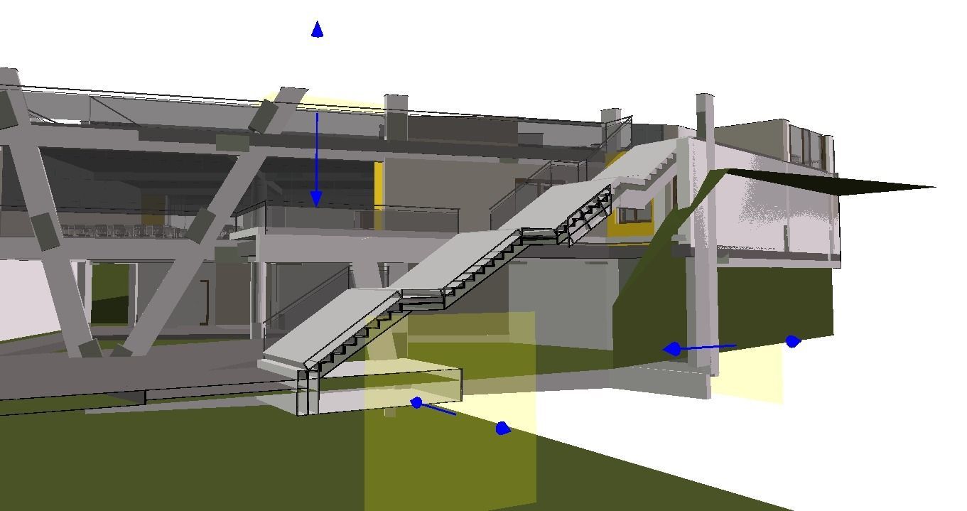 Modello architettonico di un edificio con scale esterne e travi trasversali. Toni di grigio e giallo su sfondo bianco.