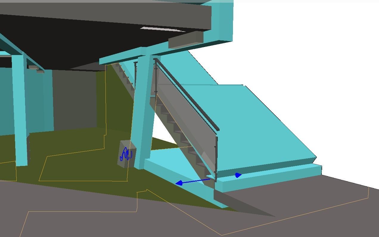 Scale turchesi con corrimano grigi che scendono verso una piattaforma grigia; sotto una struttura grigia e turchese.