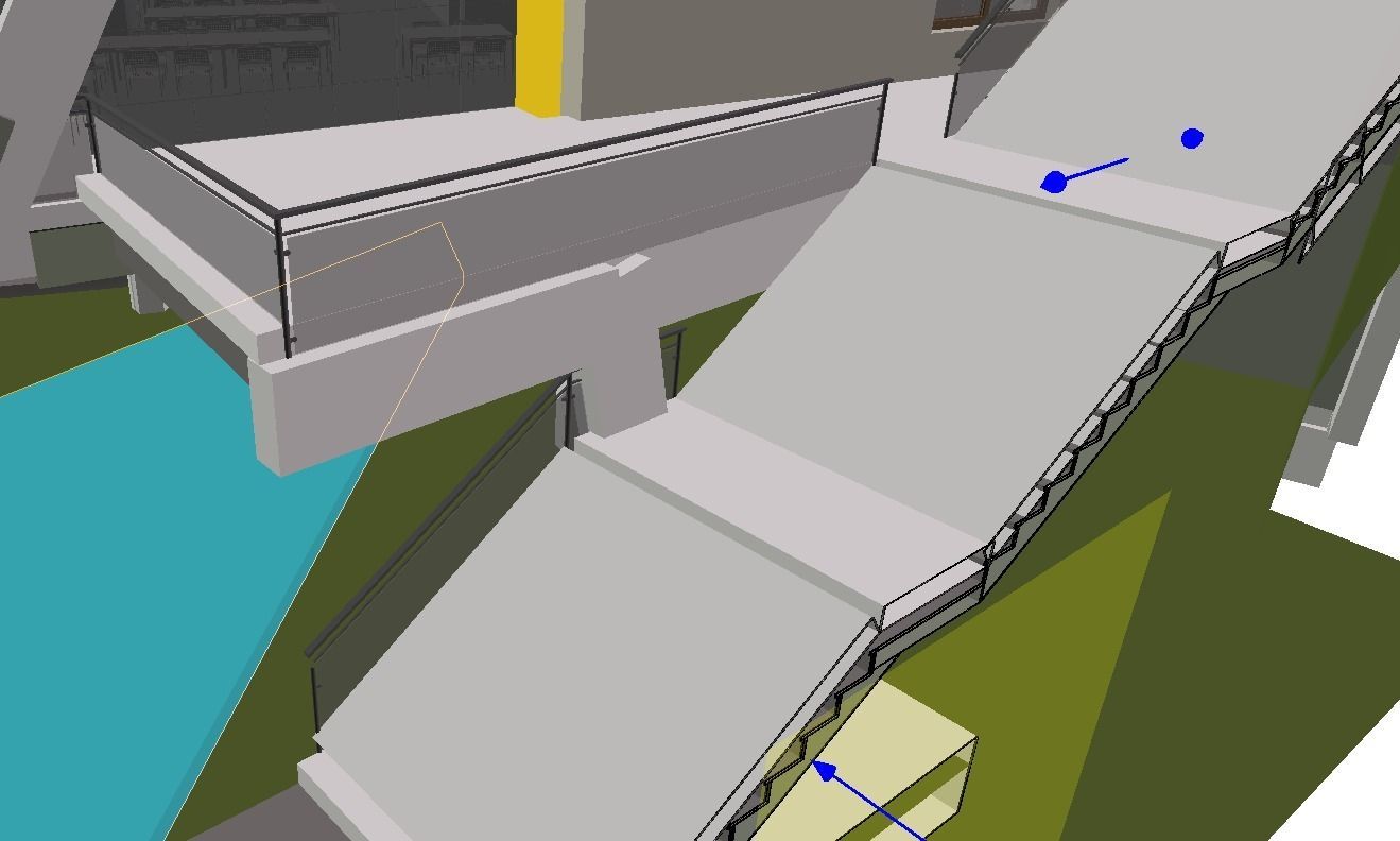 Rendering 3D di un ponte pedonale in cemento su acqua e terra; include ringhiere e punti blu.