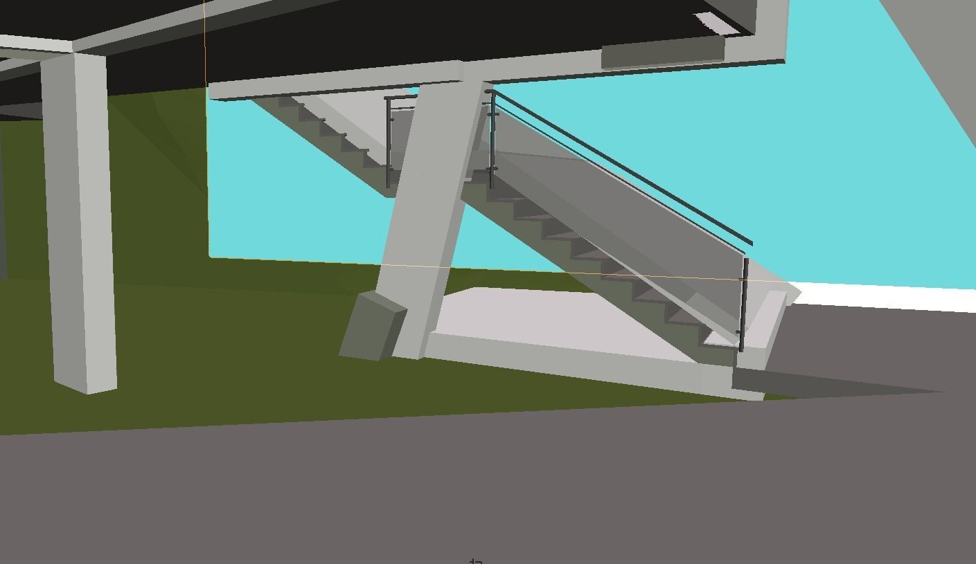 Scala con ringhiera in vetro che scende da una struttura in cemento; sfondo cielo azzurro.