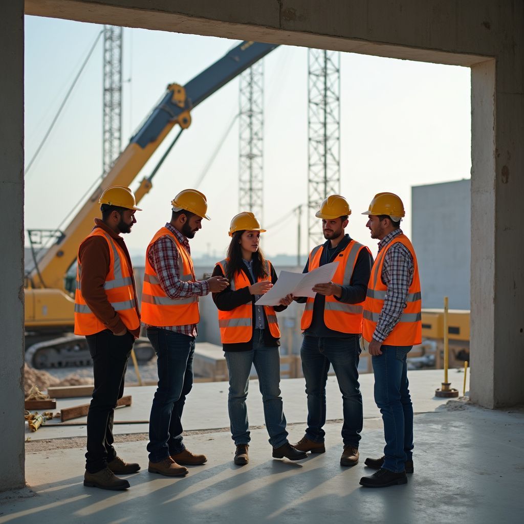 Operai edili con giubbotti di sicurezza e caschi di protezione esaminano i progetti in un cantiere.