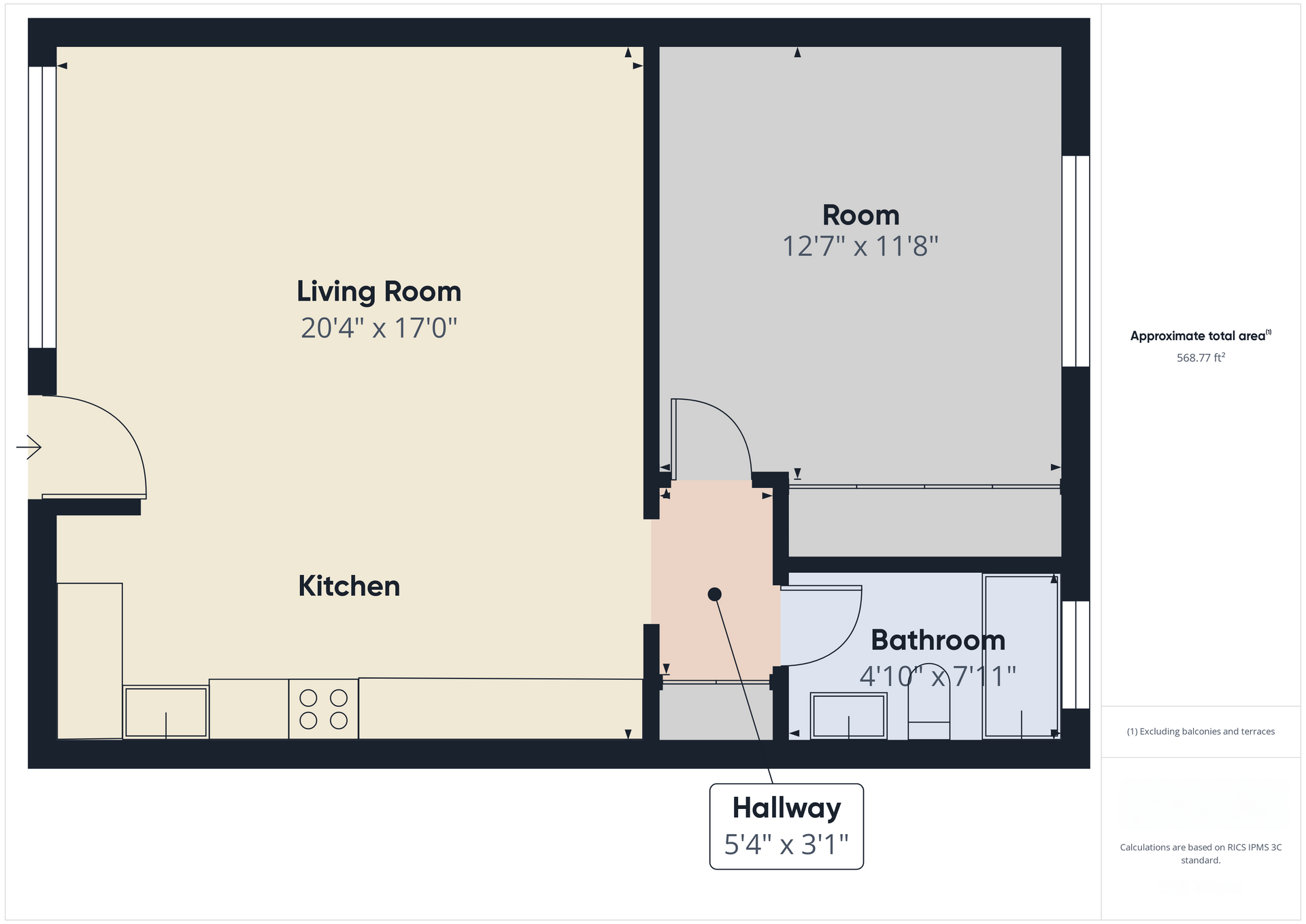 A floor plan of a small apartment with a living room , kitchen , and bathroom.
