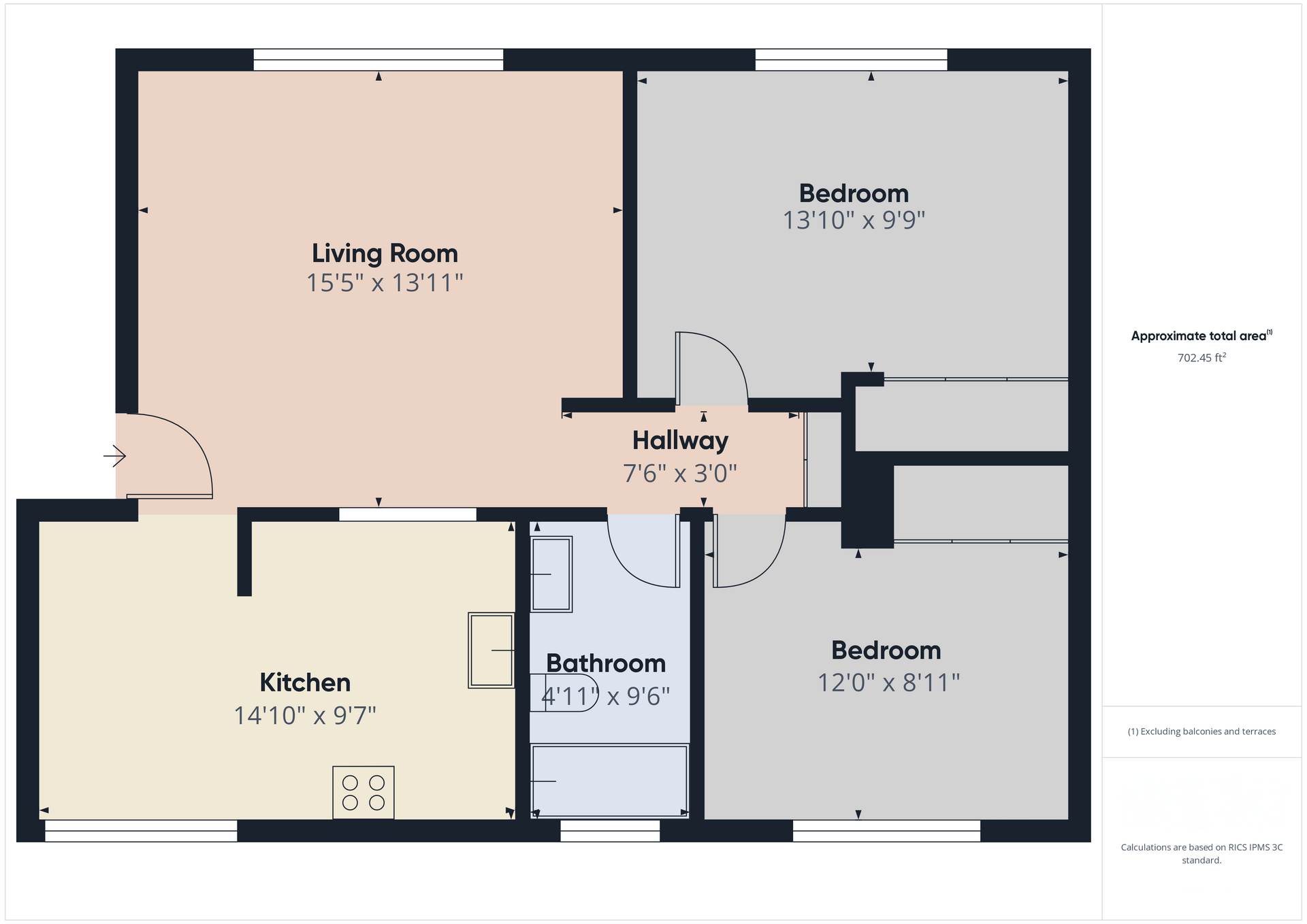 A floor plan of a house with two bedrooms and a living room