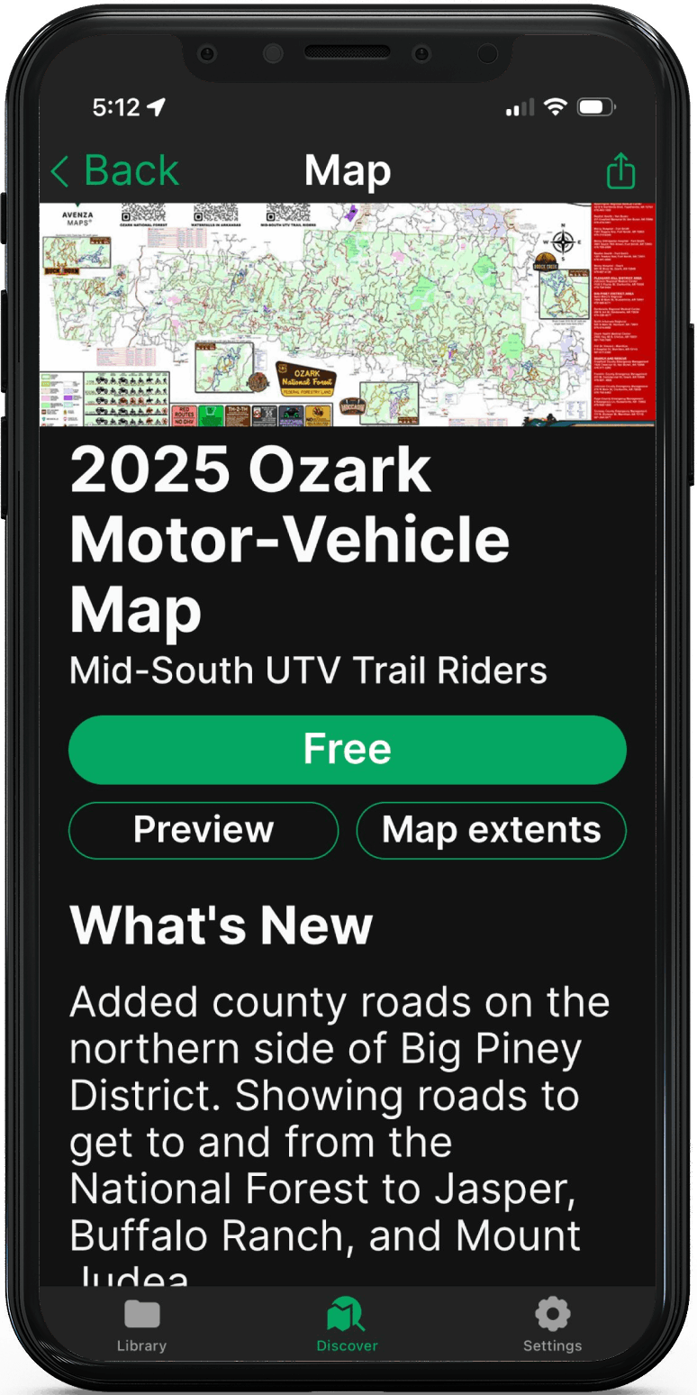A smartphone screen showing the 2025 Ozark Motor-Vehicle Map app page with a free download button and new feature updates.