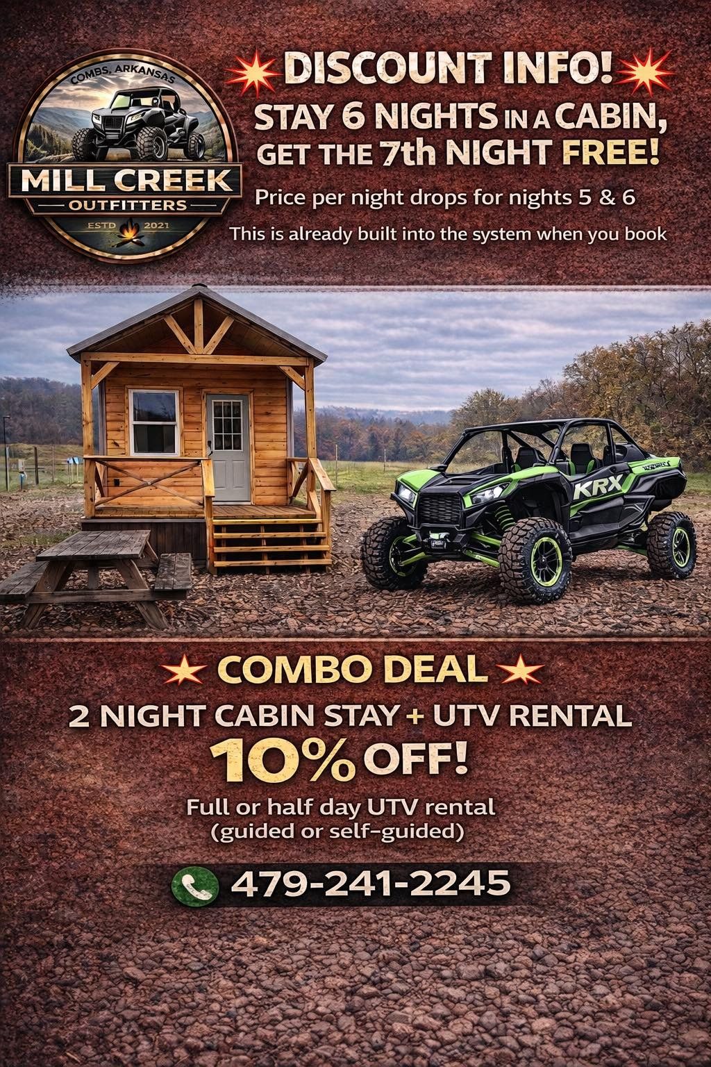 Mill Creek Outfitters flyer showing a wooden cabin and UTV with text advertising cabin and rental discount offers.