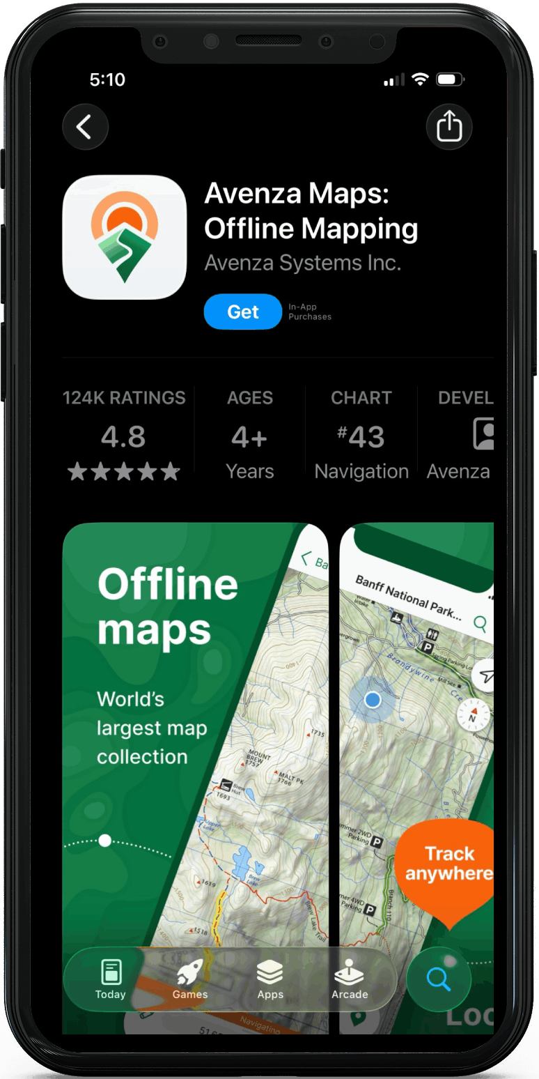 A smartphone screen displays the Avenza Maps app store page, showcasing its offline mapping features and interface.