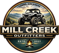 Circular logo for Mill Creek Outfitters in Combs, Arkansas, featuring an ATV on a mountain backdrop above a campfire.
