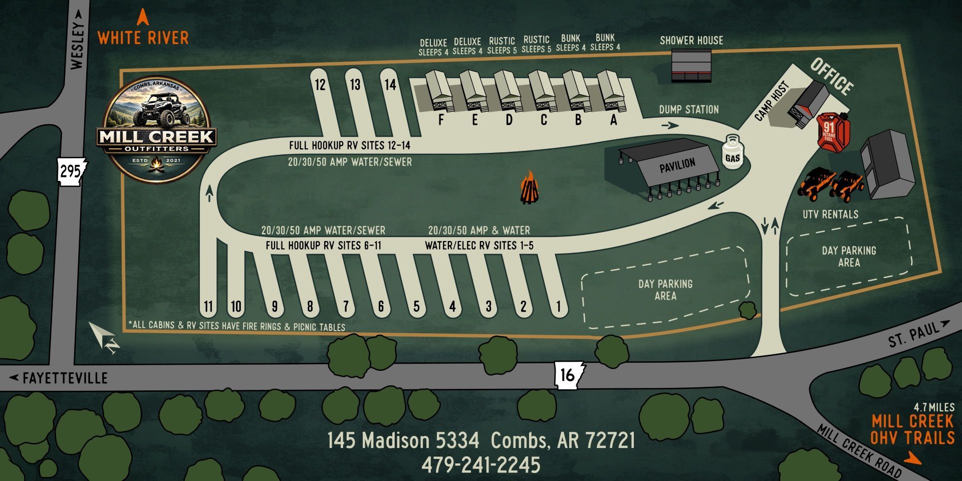 Map of Hill Creek RV Park in Comus, AR, showing site layouts, office, bathhouse, and road access near the White River.