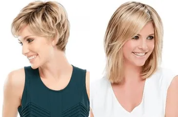 Two women wearing blonde wigs, one with a short, layered style, the other with a shoulder-length style.