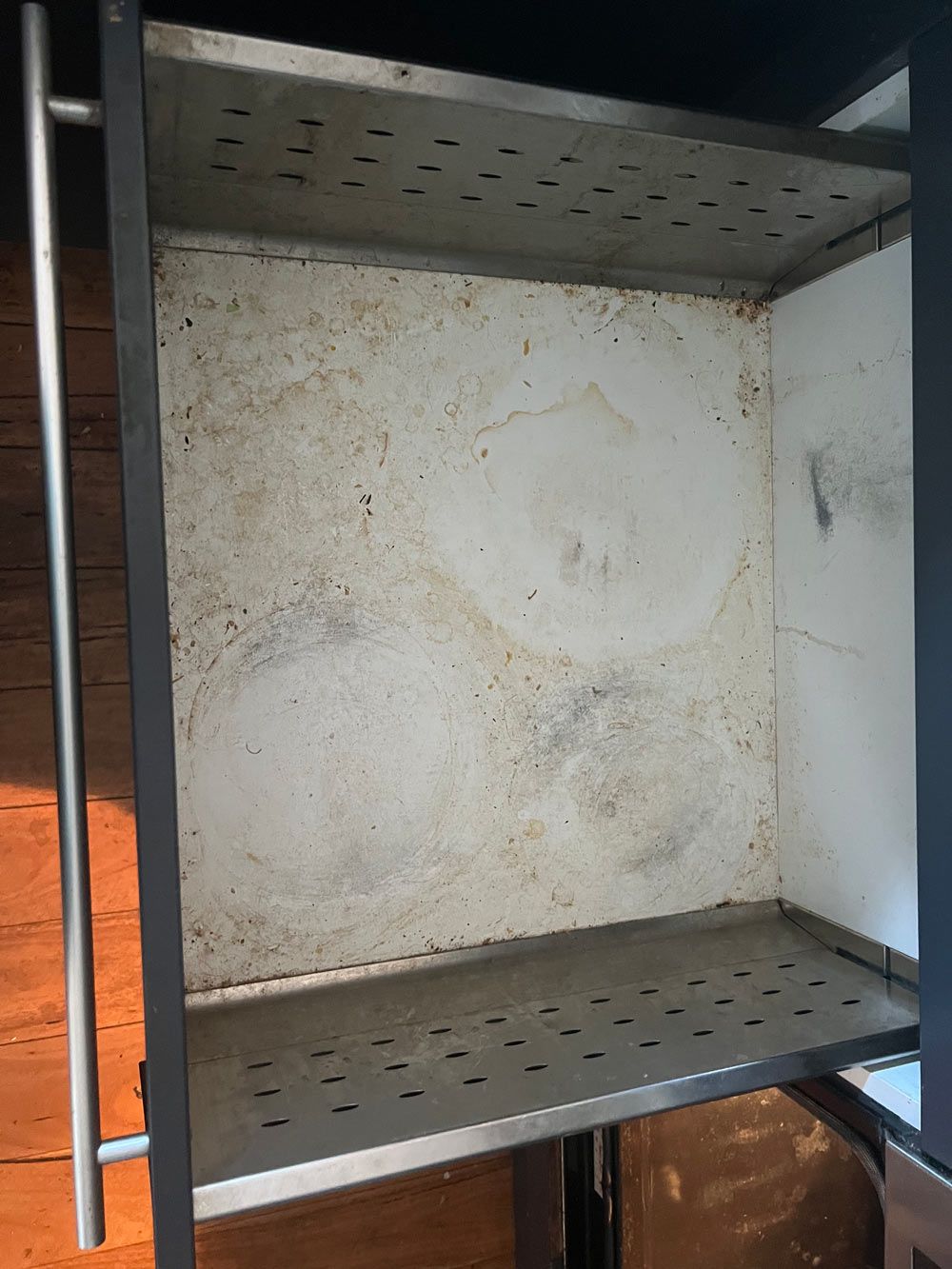 Aluminum With White Paint Shelf Cabinet Before Cleaning — Saving Time In Charlestown NSW