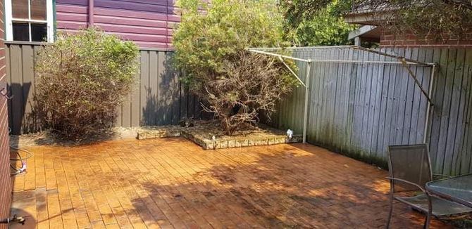 Backyard With Bricks Flooring Garden And Two Plant Trees — Saving Time In Charlestown NSW