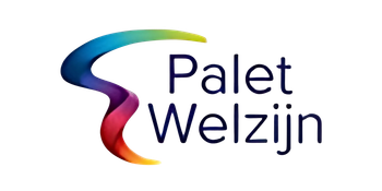 Logo of Palet Welzijn: a stylized rainbow swirl with text "Palet Welzijn" in navy blue.