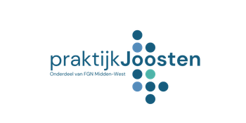 Logo voor "praktijk Joosten" met turquoise tekst en een patroon van gekleurde cirkels.