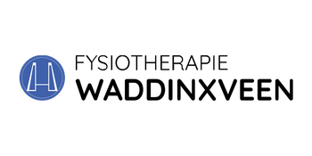 Logo voor Fysiotherapie Waddinxveen: Blauwe cirkel met een abstracte afbeelding en tekst.