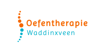 Logo voor Oefentherapie Waddinxveen met oranje en turquoise ruggengraatvormige stippen en tekst.