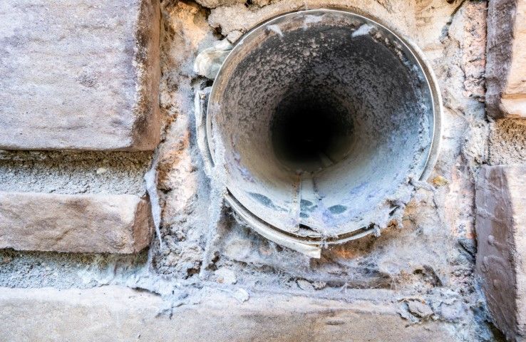 A close up of a dirty pipe in a brick wall.