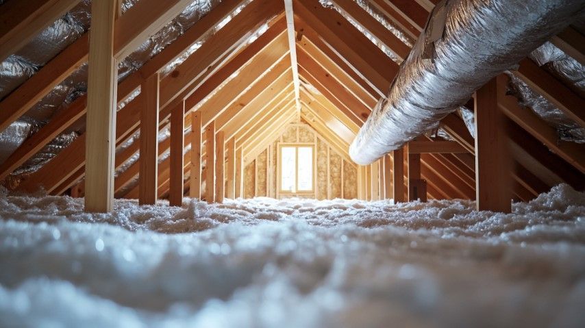 Looking up into the attic of a house under construction.