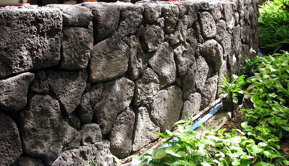 View of an exterior constructed stone wall