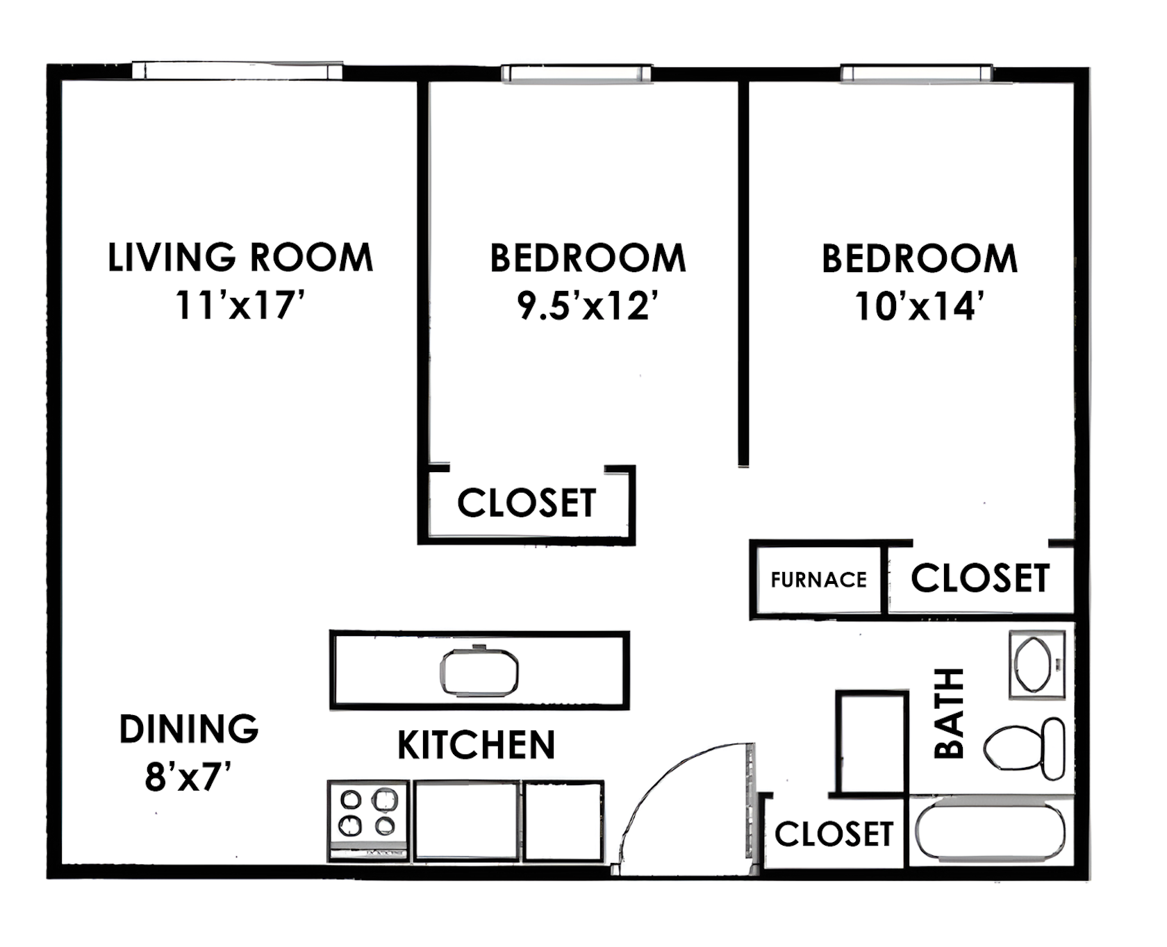 A black and white floor plan of a two bedroom apartment.