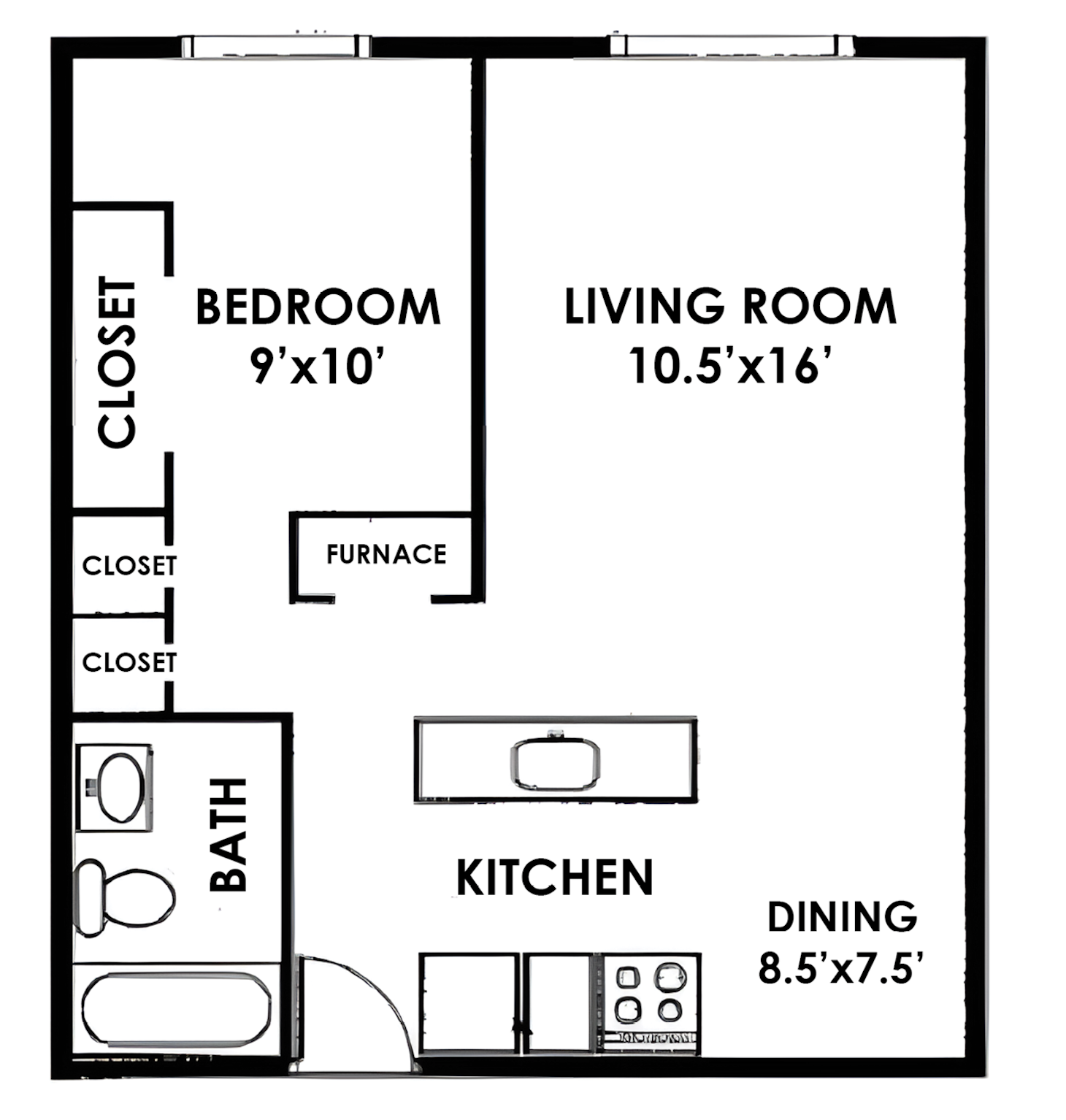 A black and white floor plan of a bedroom , living room , kitchen and dining room.