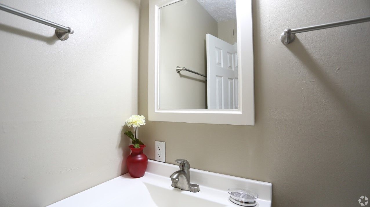 A bathroom with a sink , mirror and towel rack