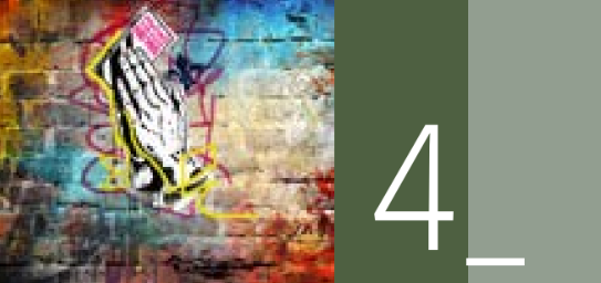 Graffiti-style depiction of praying hands on a brick wall, next to the number 4 and an underscore.
