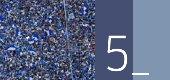 A large crowd of spectators in blue clothing fills the left side, next to a large white number 5 on a blue background.