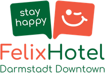 Logo for FelixHotel Darmstadt Downtown with green and red speech bubbles reading 