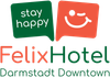 Logo for FelixHotel Darmstadt Downtown with green and red speech bubbles reading 