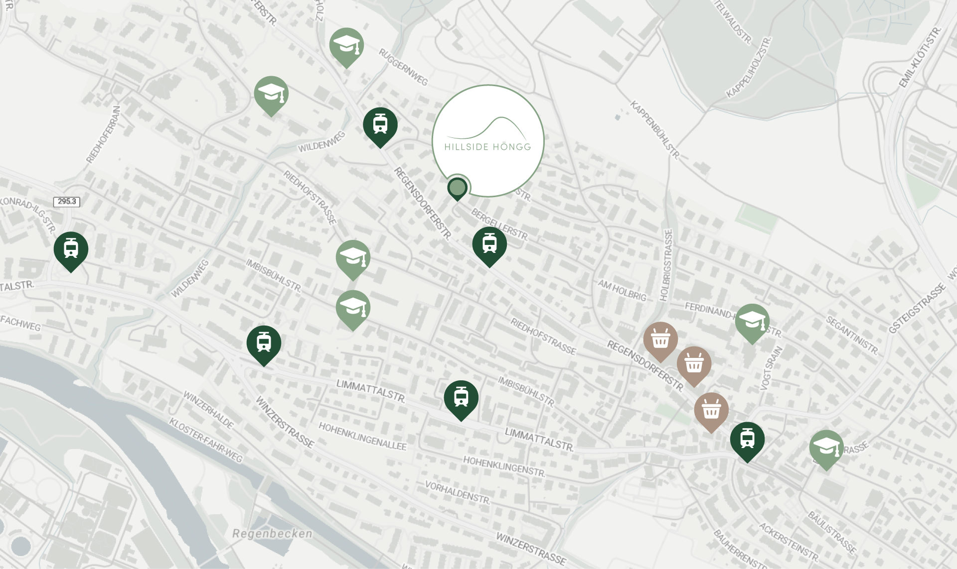 Karte von Höngg mit Lage-Visualisierung ÖV, Schulen und Supermärkte
