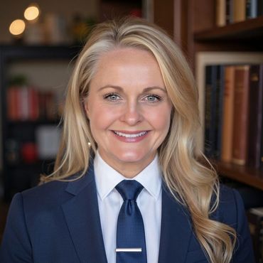 Professional portrait of a smiling woman in a navy suit and tie, standing before bookshelves