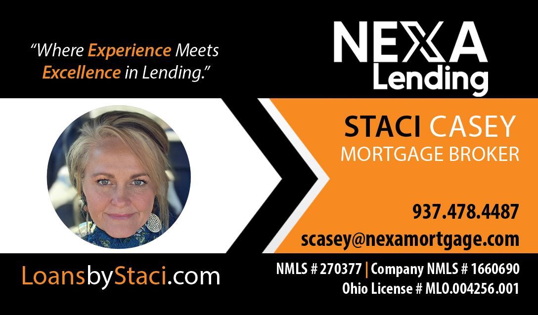 Nexa Lending mortgage broker ad with woman portrait, orange-black banner, contact info, and LoansbyStaci.com