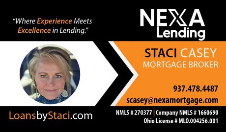 Nexa Lending mortgage broker ad with woman portrait, orange-black banner, contact info, and LoansbyStaci.com
