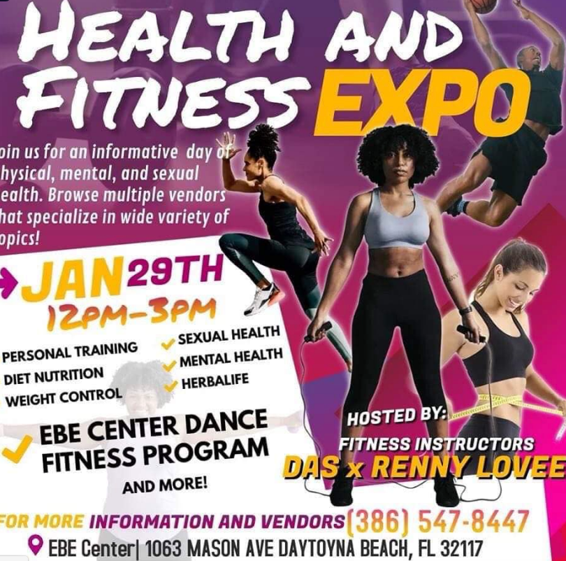 An advertisement for a health and fitness expo on january 29th