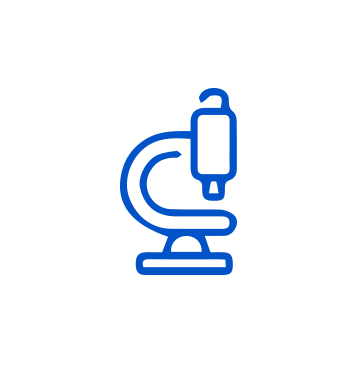 A blue microscope icon on a white background.