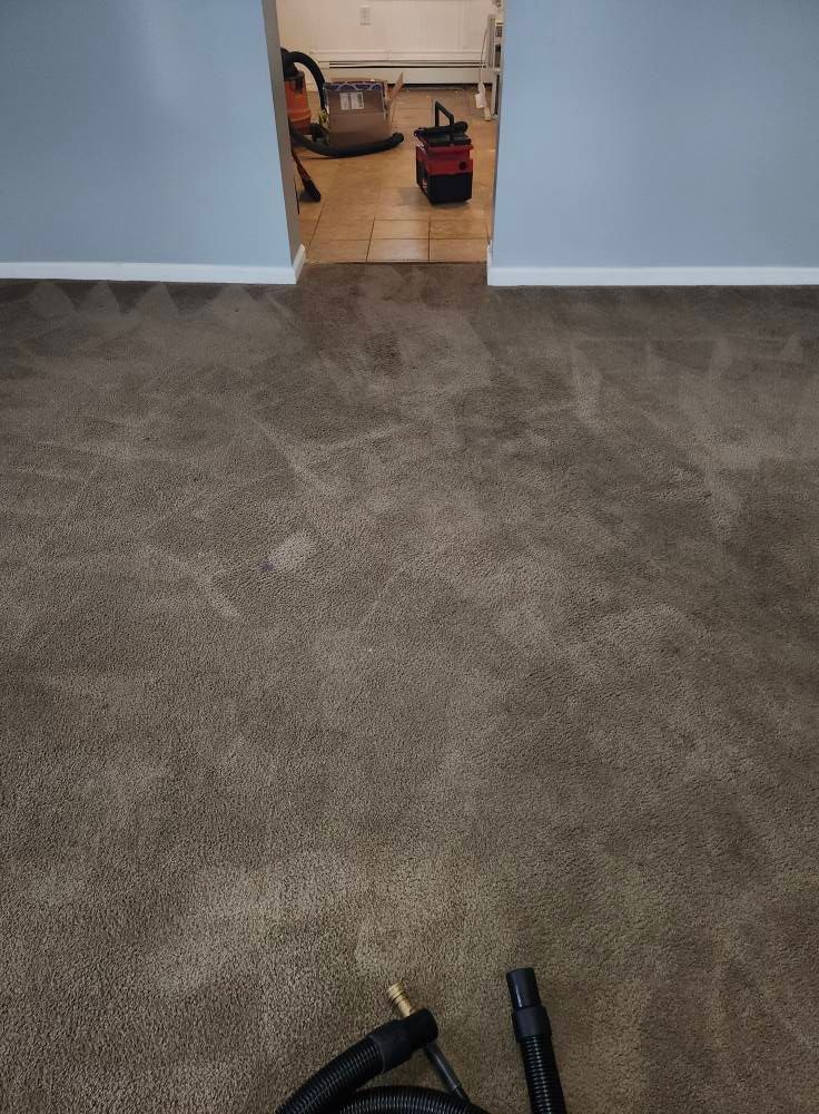 Carpeted room with cleaning equipment; doorway in the background with more cleaning supplies.