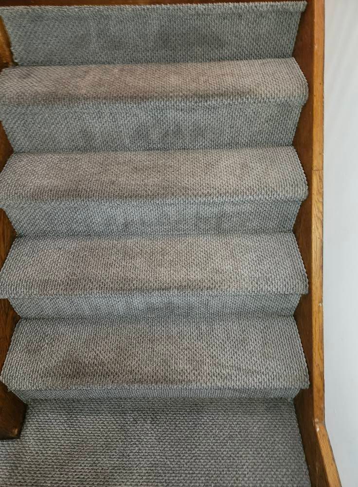 Carpeted stairs with wear marks. Wooden side rail.